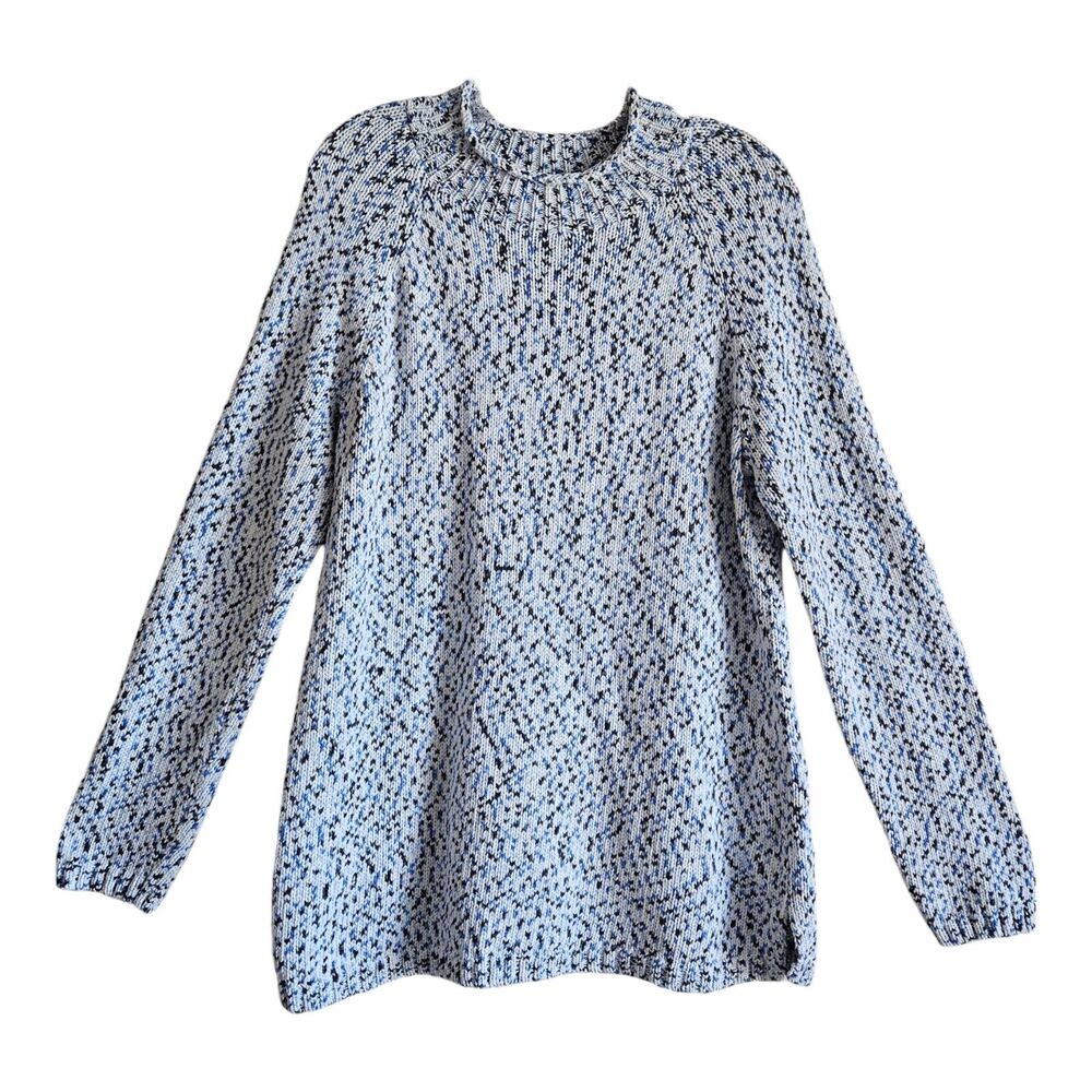 TALBOTS Women's L Sweater Shaker Stitch Blue White Black Cotton Blend Bust 38"